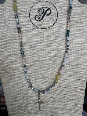 bloom Multicolor Beaded Necklace with Gold Cross Pendant